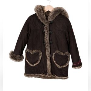 Catimini Girls Brown Faux Fur Lined Hooded Coat Heart Pockets Size 5